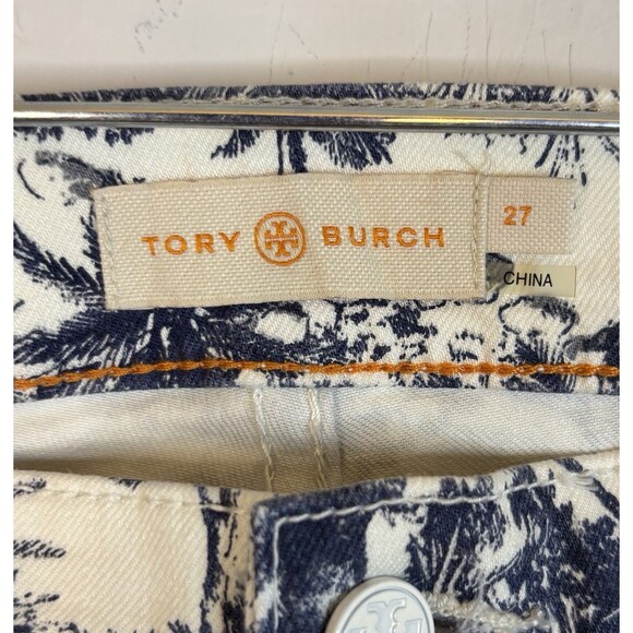 TORY BURCH Coastal Print Cropped Jeans Women 27 White Blue Mid Rise Slim - Picture 3 of 13